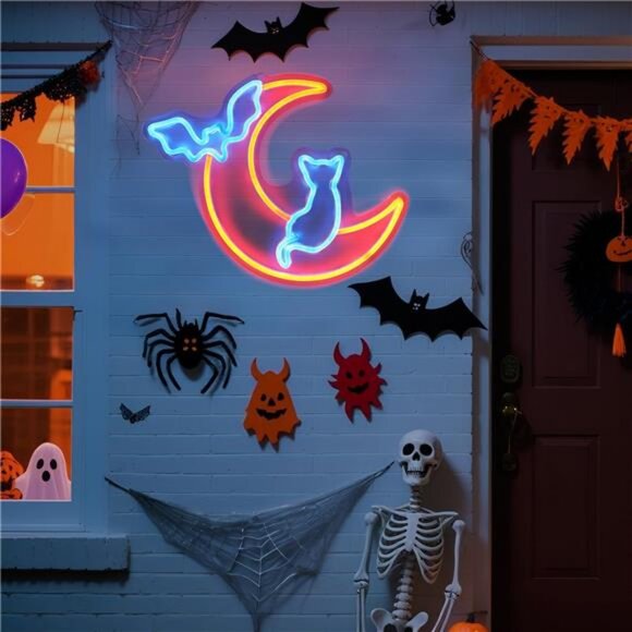 Halloween Neon Sign Wall Decor - Moon&Bat&Cat Themed Halloween LED Lights - Picture 2 of 7